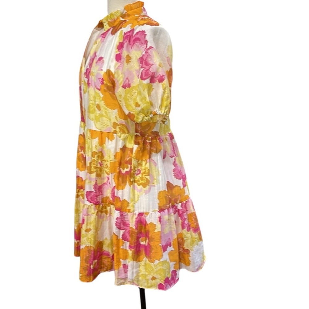 CeCe Tiered Split Ruffle Collar V Neck Baby Doll Floral Dress SZ M Pink Yellow - Picture 6 of 9